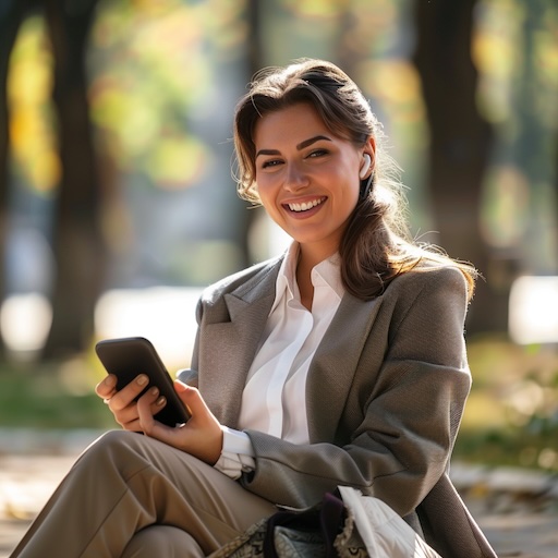 Happy businesswoman in the park with Airpods and a mobile phone taking a CE insurance course