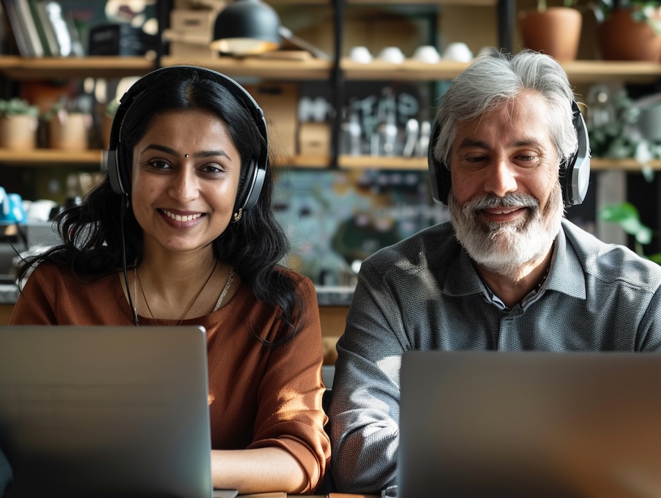 Man and woman smiling wearing headphones, happily taking a life insurance CE course for credit